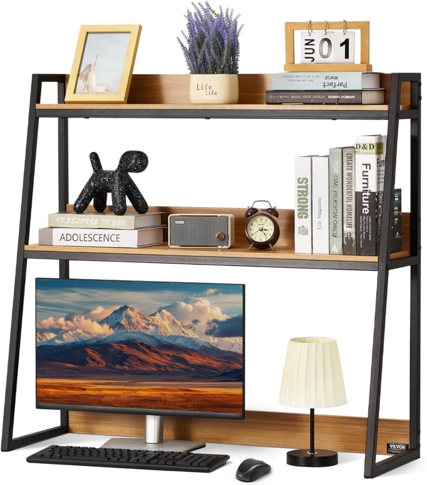 VEVOR Schreibtisch Bücherregal 2-stufiger Organizer (95 x 32 x 90 cm) Tischregale Organizer Ausstellungsregal aus Spanplatten + Melaminpapier + Q195A, Regal mit rutschfesten Füßen, Büro schwarz Bild 1