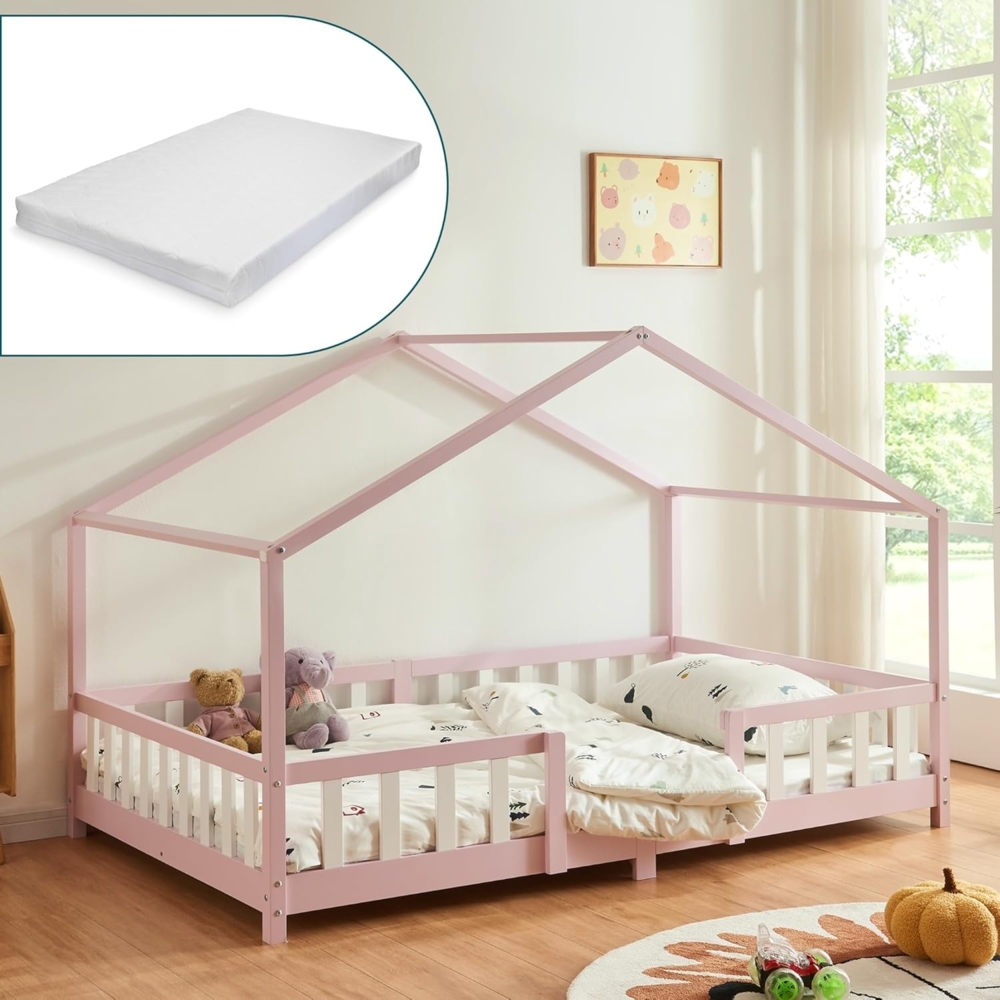 en.casa 'Treviolo' Hausbett 90x200 cm, rosa/weiß, Kiefernholz, mit Matratze, Lattenrost und Rausfallschutz Bild 1