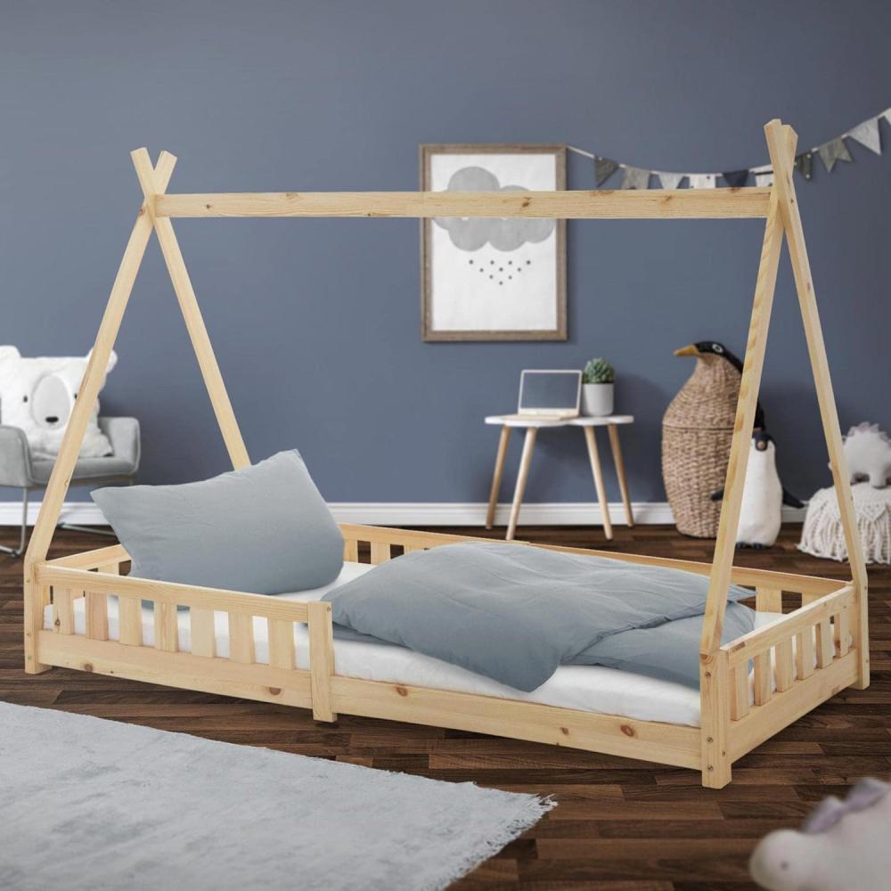 ML-DESIGN Kinderbett Hausbett Tipi Zeltbett inkl. Lattenrost Bodenbett Kinder Himmelbett (Komplett-Set), Abenteuerbett mit Rausfallschutz Zelt Spielbett Kiefer Natur Bild 1