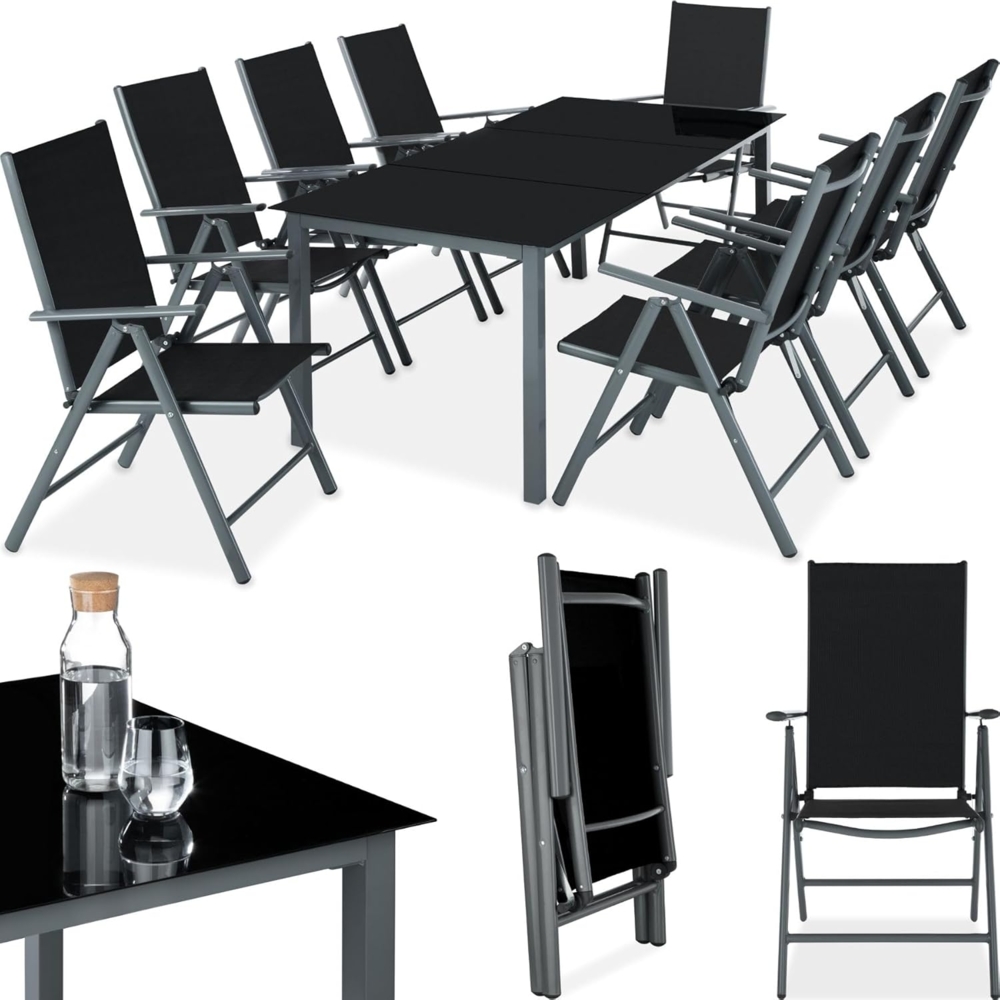 tectake® Aluminium Sitzgruppe 8+1, Gartenmöbel Set mit Stuhl und Tisch, klappbare Gartenstühle, Gartentisch mit Sicherheitsglas, wetterfeste Terrassenmöbel, für Garten Terrasse Balkon - anthrazit Bild 1