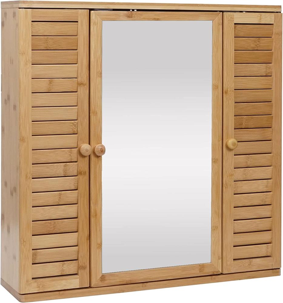 Spiegelschrank HWC-B18, Badspiegelschrank Hängeschrank, 3 Regalböden 3 Türen Bambus Spiegel 60x60x15cm Bild 1