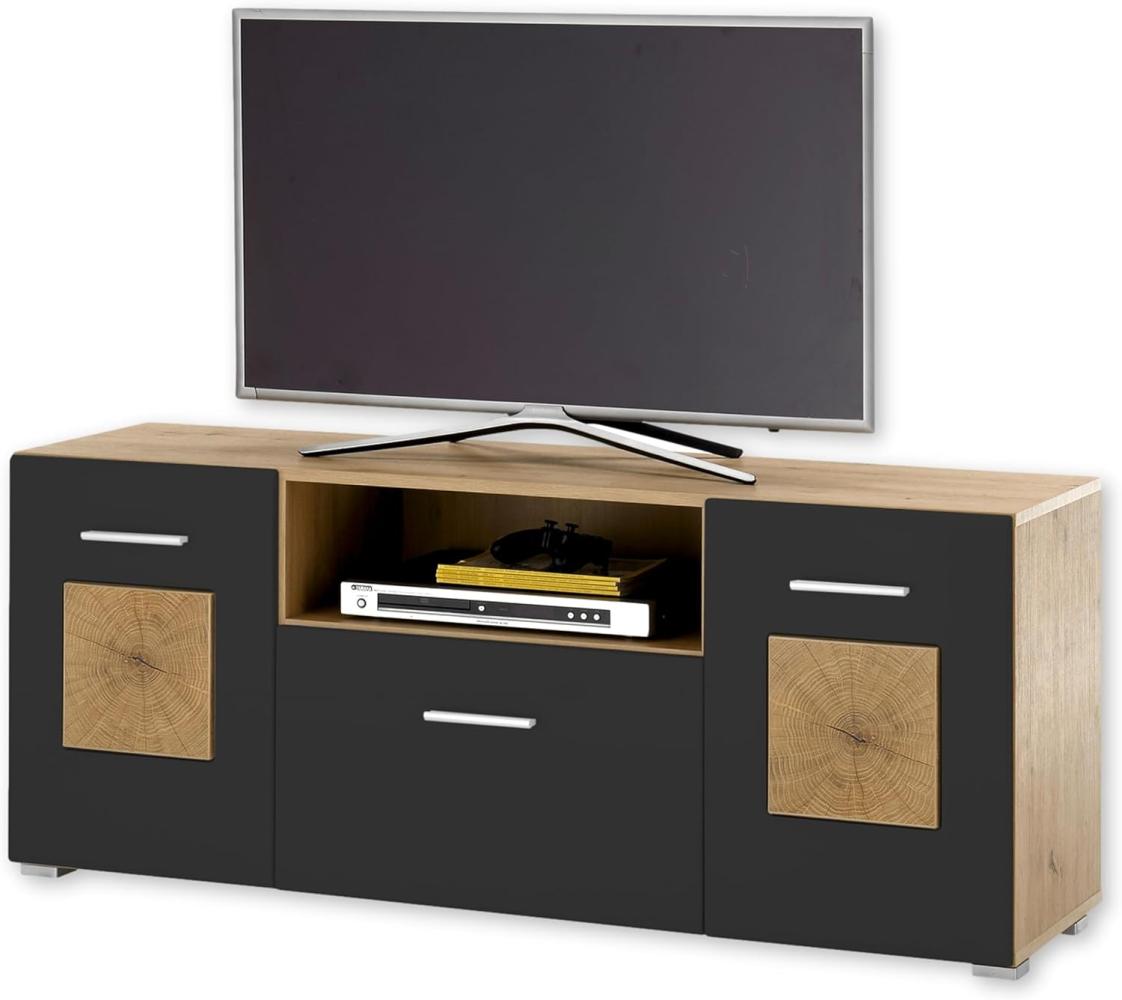 GEORGIA TV-Lowboard in Schwarz, Artisan Eiche Optik mit Hirnholz-Applikationen - Moderner TV Schrank mit viel Stauraum für Ihr Wohnzimmer - 140 x 58 x 38 cm (B/H/T) Bild 1