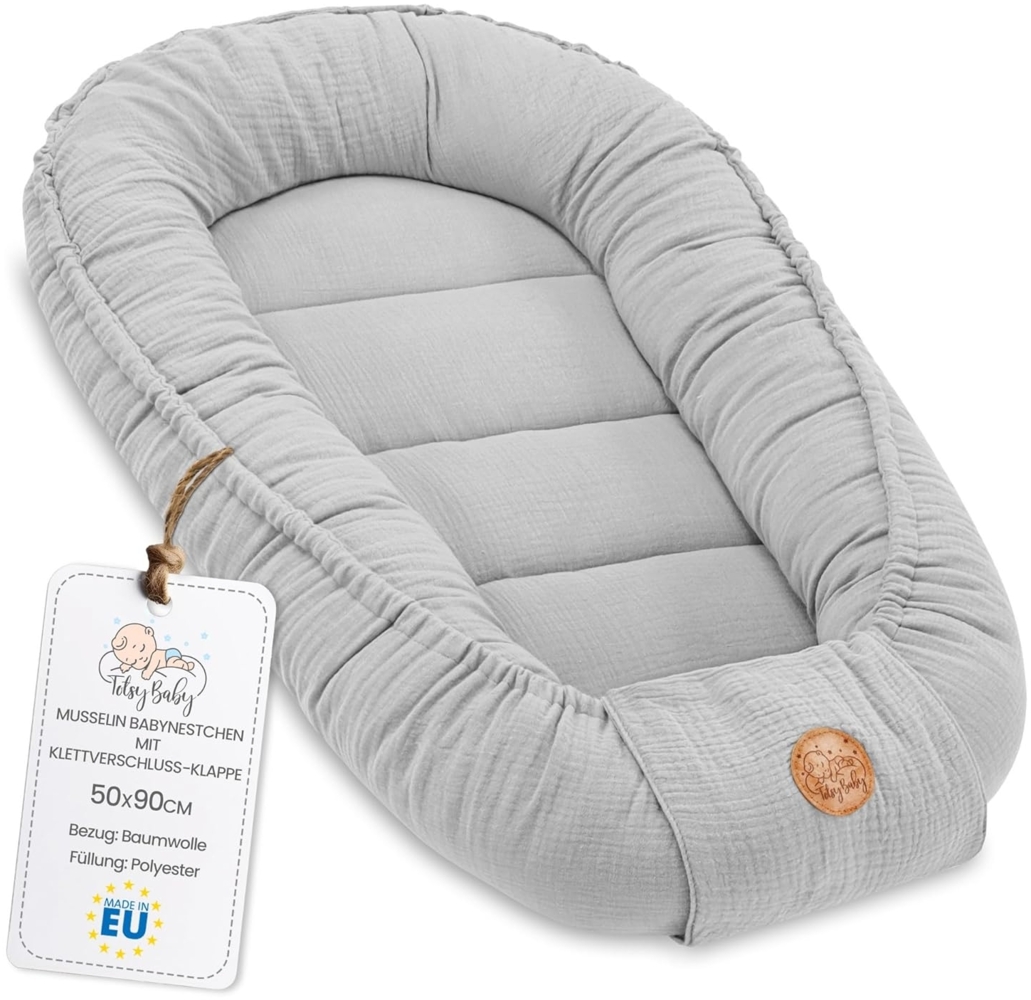 Babynest babynestchen neugeborene mit tragegriff 90x50 cm baby nestchen tragbar nest für bett kinder kuschelnest coccon für Jungen und Mädchen Grau Musselin C Bild 1