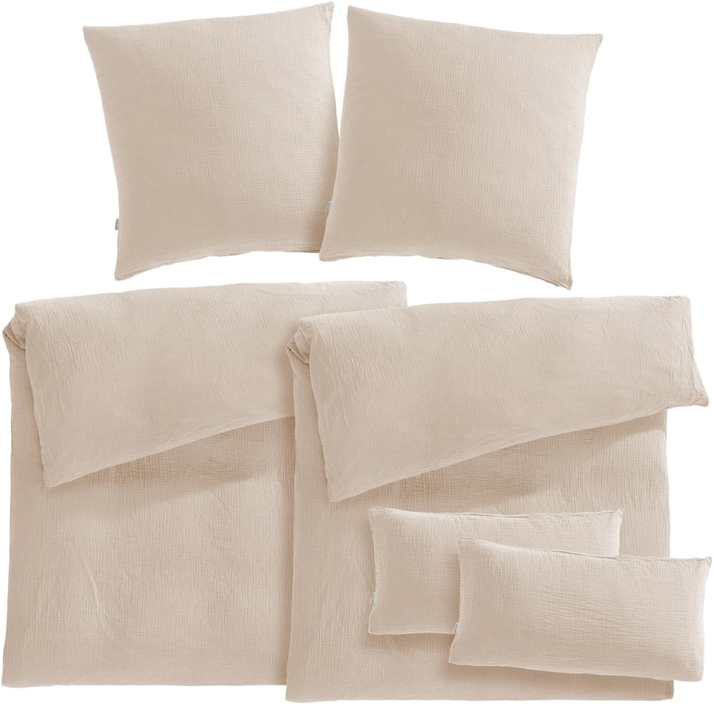 Pure Label Musselin Bettwäsche - 6-teilig: Bettbezug 155x220 + Kissenbezüge 80x80 und 40x80 aus Baumwolle - Weiche Bettwäsche in Beige Bild 1