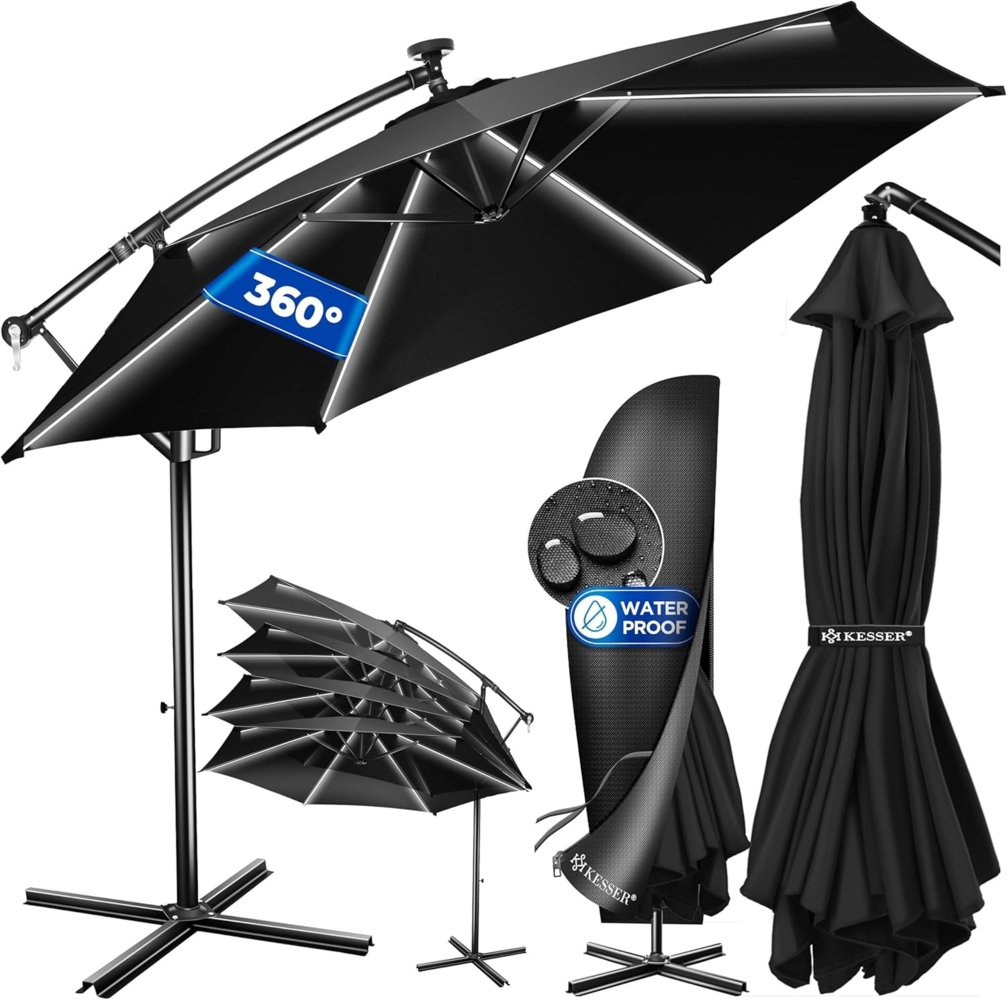 Kesser® Sonnenschirm LED Solar mit Abdeckung, Polyester / Aluminium schwarz, Ø 300cm Bild 1