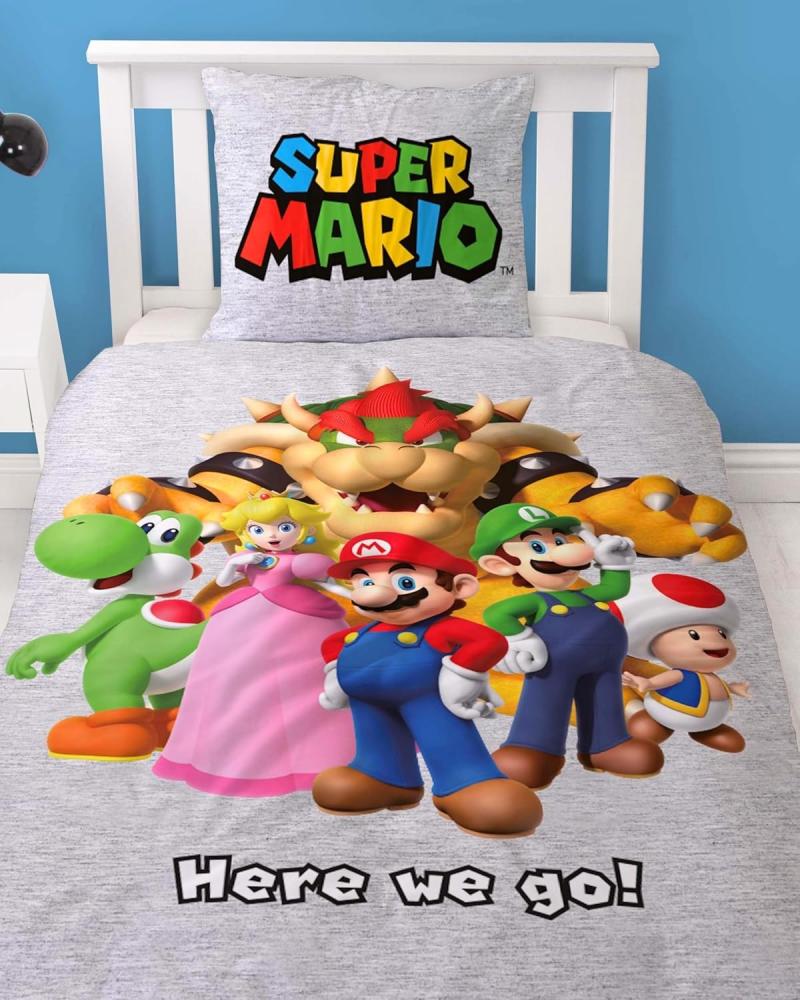 MTOnlinehandel Bettwäsche Super Mario 135x200 + 80x80 cm, 100 % Baumwolle, Flanell, 2 teilig, lizenzierte Nintendo Biber Bettwäsche für Kinder & Teenager Bild 1