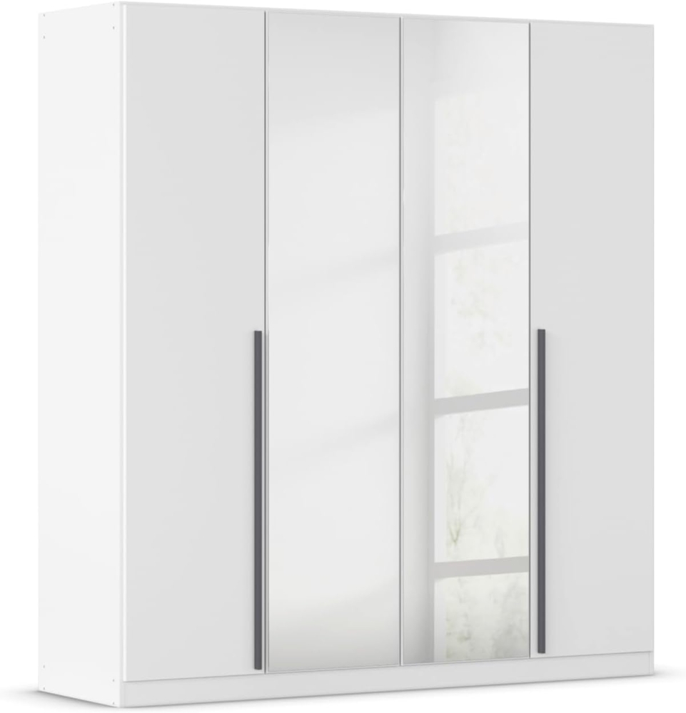 rauch Kleiderschrank Alba, Drehtürenschrank, Garderobenschrank, 4-türig, mit Spiegel, mit 3 Kleiderstangen, 4 Einlegeböden und Schubladeneinsatz, Farbe Weiß, Griffstange Grau metallic, Schwarz, 181x197x54cm Bild 1