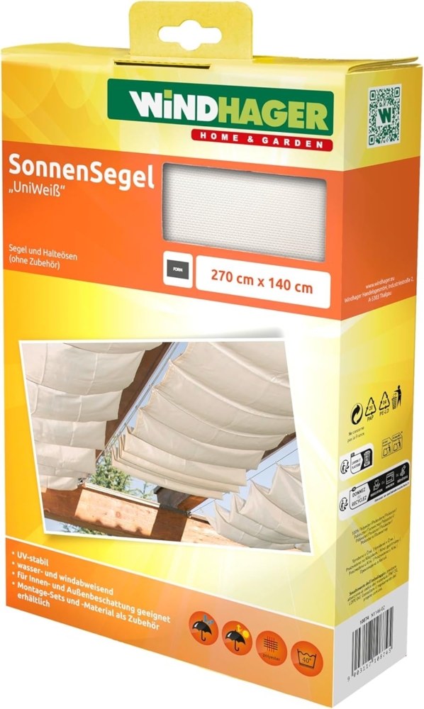 Windhager Sonnensegel für Seilspanntechnik, Wintergarten und Terrassen Beschattung, Seilspannmarkise, 270x140 cm, Uni Weiß, 10874 Bild 1