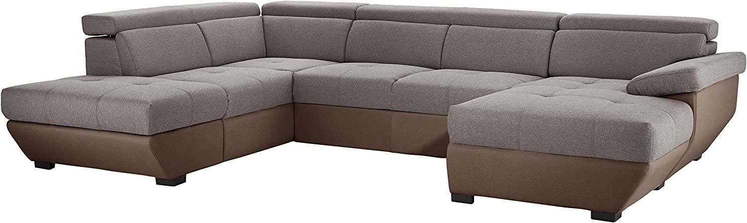 Mivano Wohnlandschaft Speedway, Modernes U-Form-Schlafsofa mit Stauraum und verstellbaren Kopfstützen, 332 x 79 x 222, Zweifarbiger Bezug, Grau/Braun Bild 1