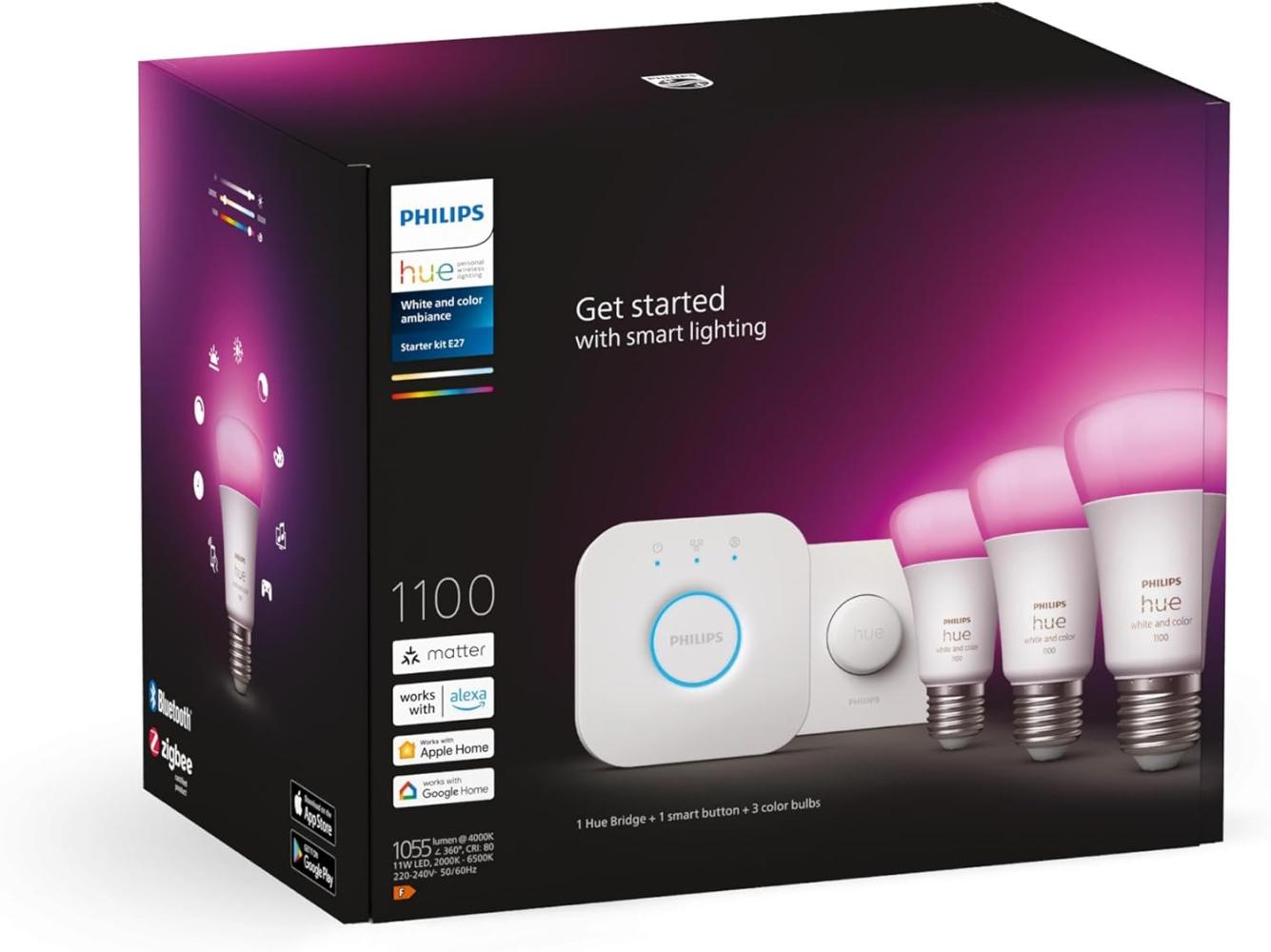 Philips Hue White & Color Ambiance Starter Set mit E27 Lampen 3-er Pack (1100 lm), Smart Button + Hue Bridge, LED Leuchten mit 16 Mio. Farben über Hue Lichtsystem per Sprache und App steuerbar Bild 1