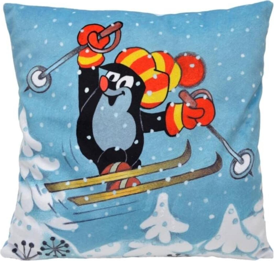 Kissen der kleine Maulwurf, Motiv Skifahrer, 30x30cm - Kinderkissen Bild 1