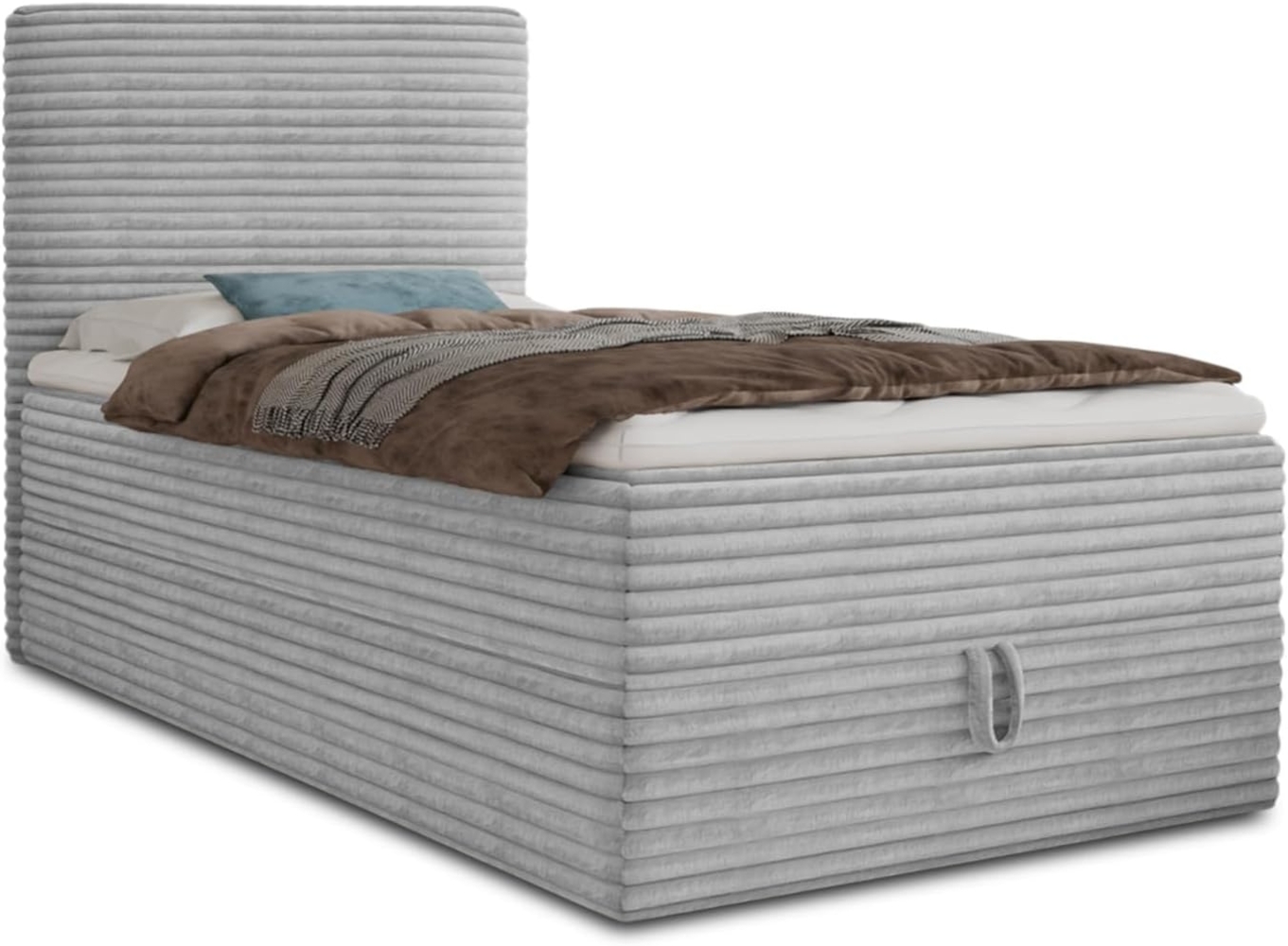 Boxspringbett Mollo Mini mit Bettkasten und Matratzentopper - Einzelbett mit Bonell-Matratze und Topper, Polsterbett in weichem Cordstoff, Bett, Schlafzimmer (Grau (Tilia 86), 100 x 200 cm) Bild 1
