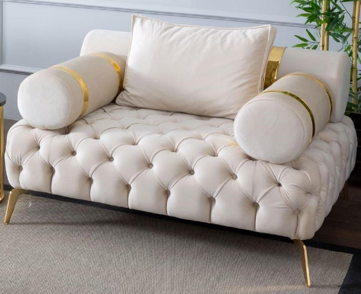 Casa Padrino Luxus Chesterfield Sessel Creme / Gold 130 x 115 x H. 70 cm - Chesterfield Wohnzimmer Sessel - Wohnzimmer Möbel - Chesterfield Möbel - Luxus Möbel - Luxus Einrichtung - Möbel Luxus Bild 1