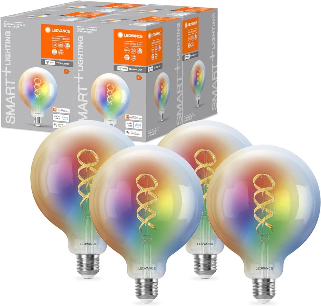 Bombilla LEDVANCE SMART+ WIFI LED, transparent, 4,8 W, 470 lm, Kugelform, 125 mm Durchmesser, E27-Sockel, mehrfarbiges und weißes Licht, einstellbar, App- oder Sprachsteuerung, 4er-Pack Bild 1