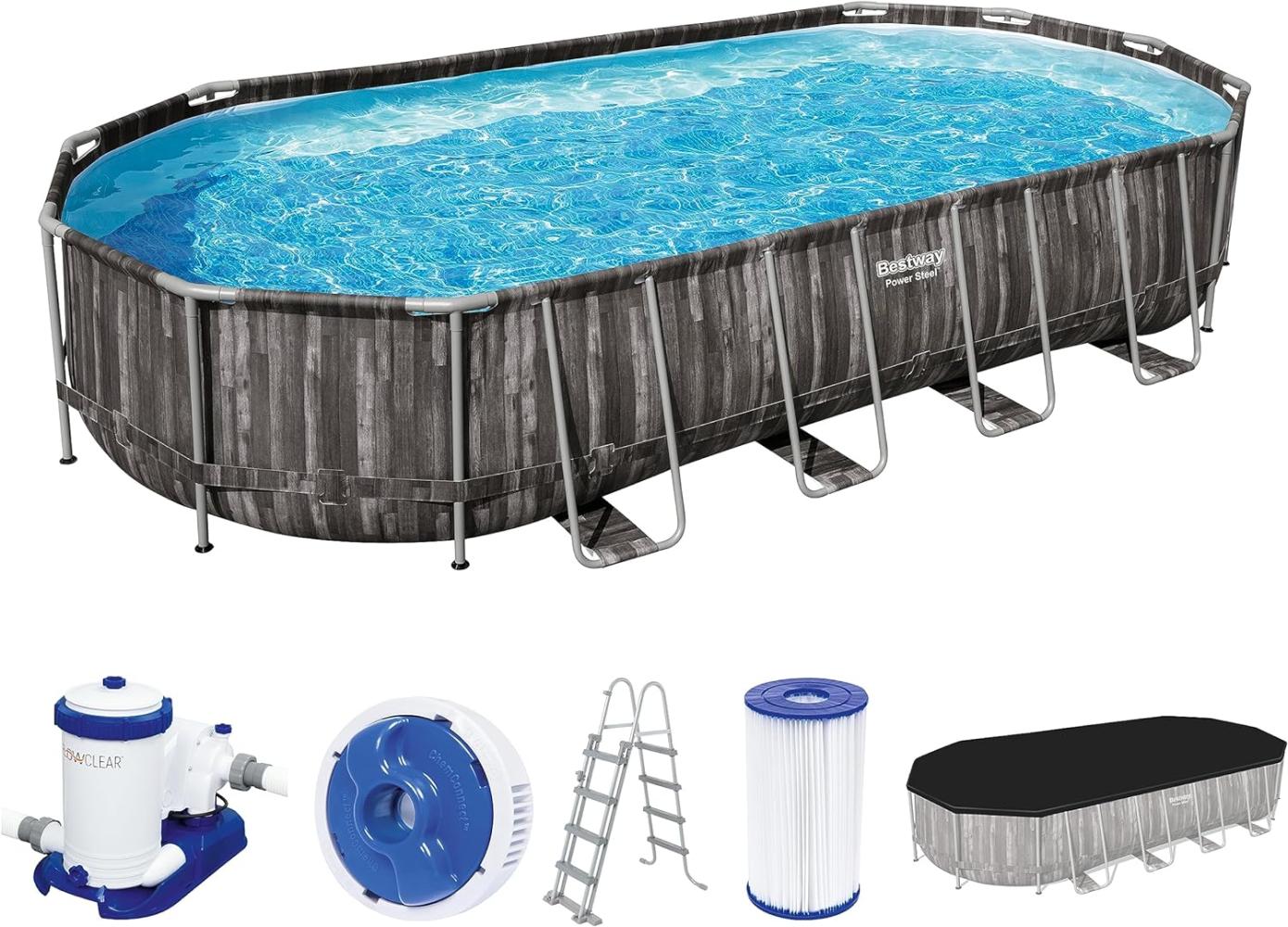 Power Steel™ Frame Pool Komplett-Set mit Filterpumpe 732 x 366 x 122 cm , Holz-Optik (Mooreiche), oval Bild 1