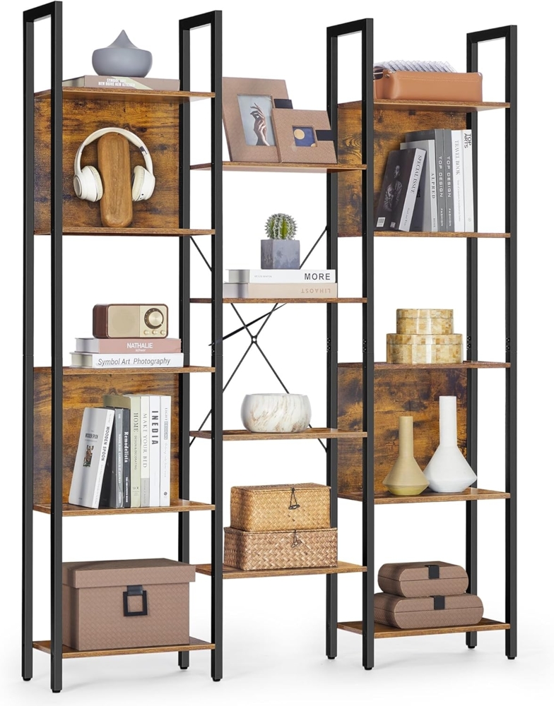 Bücherregal mit 14 Ablagen, Regal mit Metallrahmen, für Wohnzimmer, Arbeitszimmer, Büro, Industrie-Design, vintagebraun-tintenschwarz Bild 1