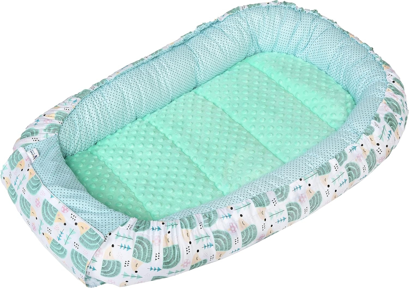 Medi Partners Babynest Kuschelnest Babynestchen 100% Baumwolle Nestchen Reisebett für Babys Säuglinge 100 x 60 x 15 cm herausnehmbarer Einsatz (Minze Igel mit minzer Minky) Bild 1