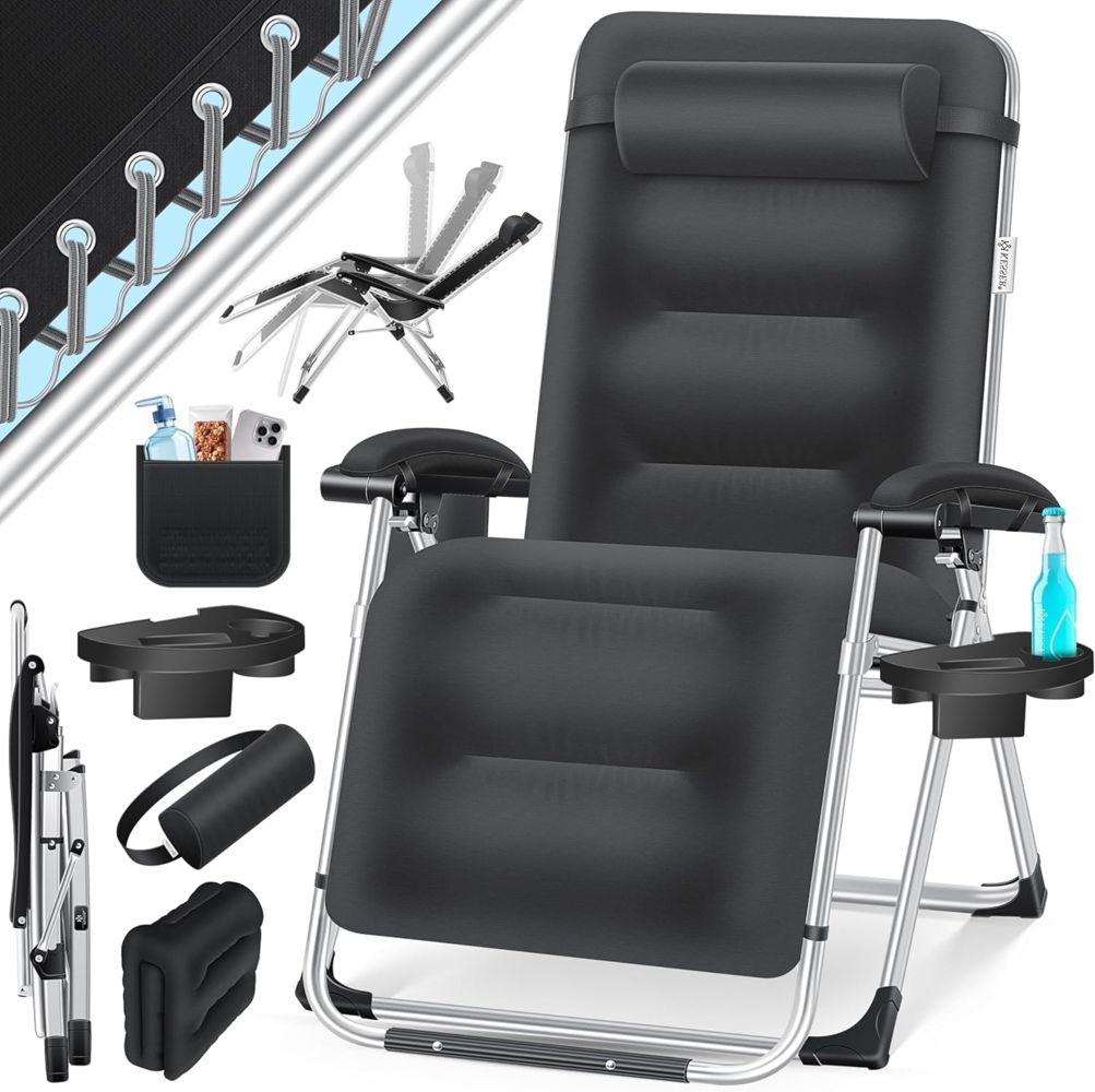 KESSER® Sonnenliege Liegestuhl, klappbare Gartenliege extra breit & Wetterfest, Belastbar 200kg, Ergonomisches Polster, verstellbare Rückenlehne inkl. Nackenkissen, Getränkehalter & Armpolster Schwarz, Liege (Basic) Bild 1