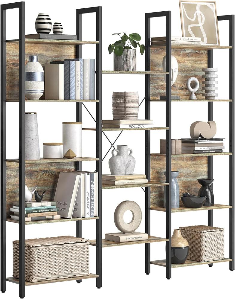 Vasagle Bücherregal, Standregal mit 14 Ablagen, Regal mit Metallrahmen, für Wohnzimmer, Arbeitszimmer, Büro, Industrie-Design, 24 x 158 x 166 cm, eichenfarben mit Blauer Maserung-schwarz SLL107B60 Bild 1