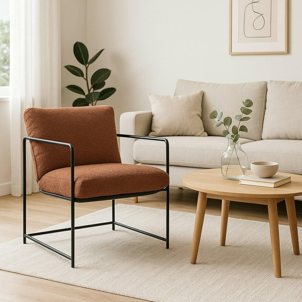 Dmora - Sessel Poplar, Sessel mit Bouclé-Stoff bezogen, gepolsterter Stuhl, Sitz mit Metallarmlehnen, 61x67h75 cm, Braun Bild 1