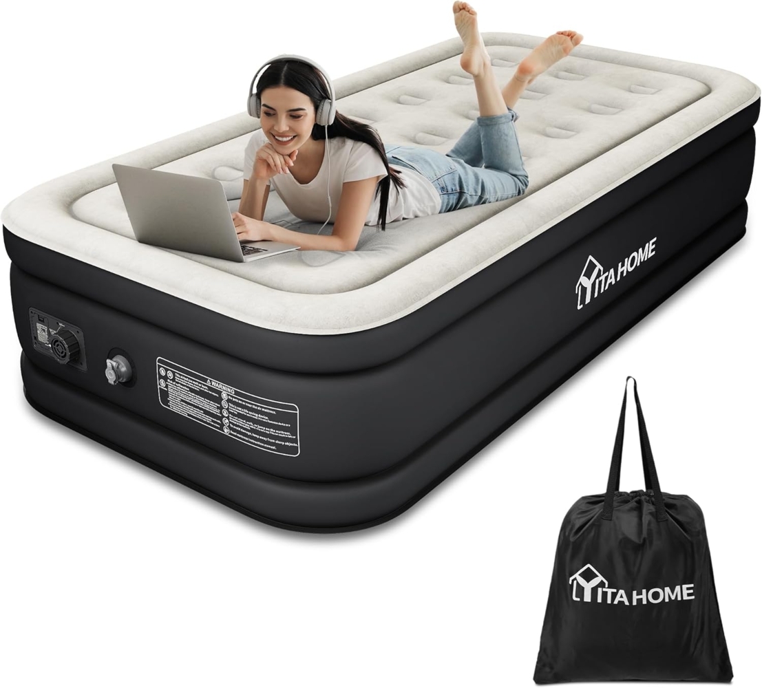 YITAHOME Luftbett Selbstaufblasend Einzel, Luftmatratze mit Integrierter Elektrischer Luftpumpe, Aufblasbare Matratze Bett mit Aufbewahrungstasche für Camping, Gästebett, 191 x 99 x 46 cm (Grau & Schwarz) Bild 1