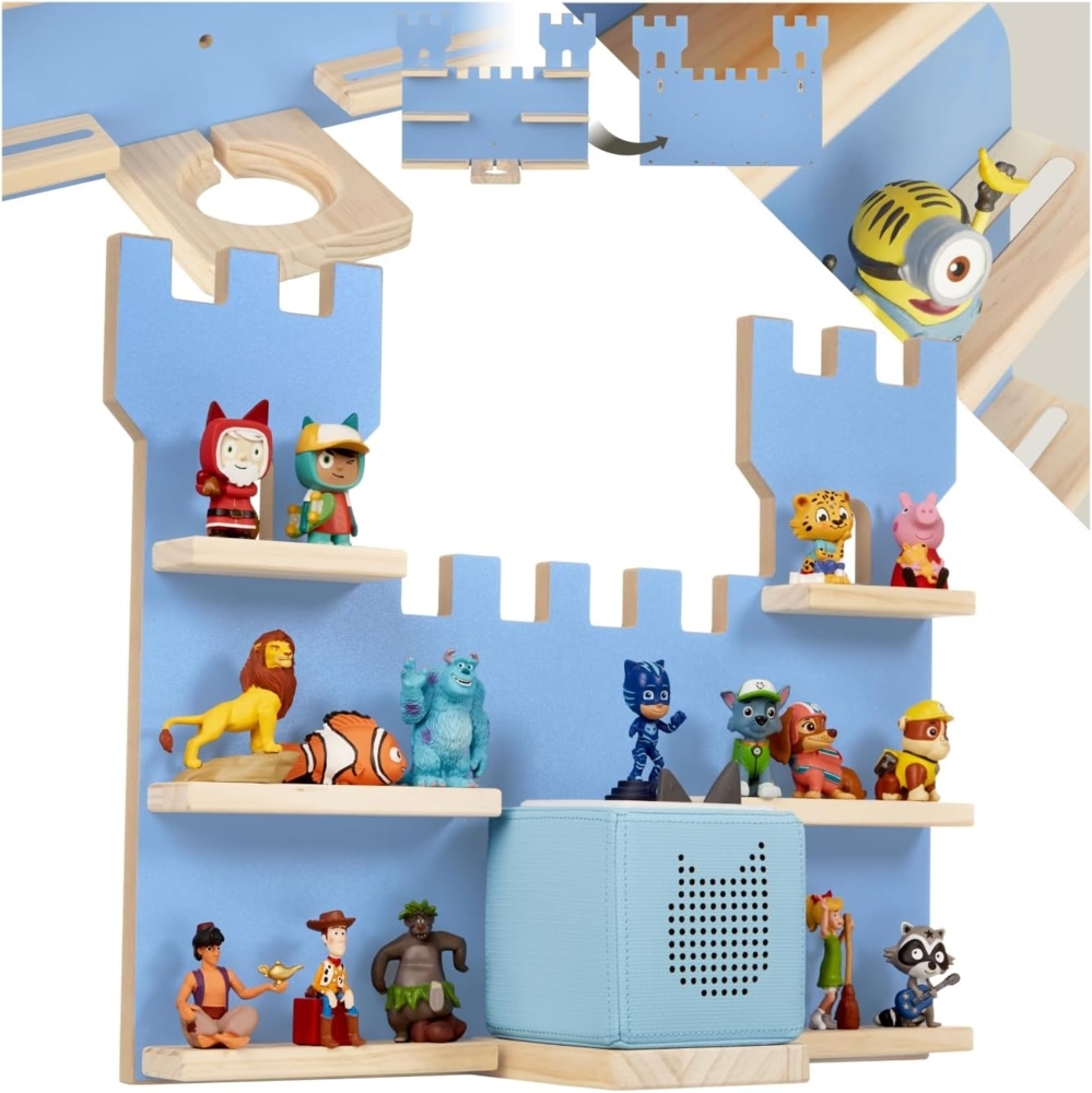 tectake® Holz Regal mit Magnetstreifen für Wand Montage, Tonieregal, Wandregal für's Kinderzimmer, Aufbewahrung Musikbox, für Tonies Tonie Hörfiguren und Toniebox - blau Bild 1