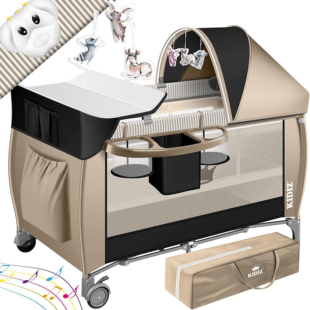 KIDIZ® Babybett 3 in 1 Reisebett Kombi Set Baby Bett mit Wickelauflage Moskitonetz Laufstall Baby ab Geburt bis 15 kg luftige Seitenwände mit Seiteneingang Tragetasche zusammenklappbar Schwarz / Beige Bild 1