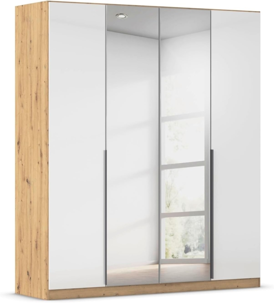 Rauch Möbel Alabama, Kleiderschrank, 4-türig, Spiegel, Zubehör Premium, 2 Kleiderstangen, 5 Einlegeböden, Schubladeneinsatz, Farbe Hochglanz Weiß/Eiche Artisan, Griff Grau metallic, 181 x 210 x 54 cm Bild 1