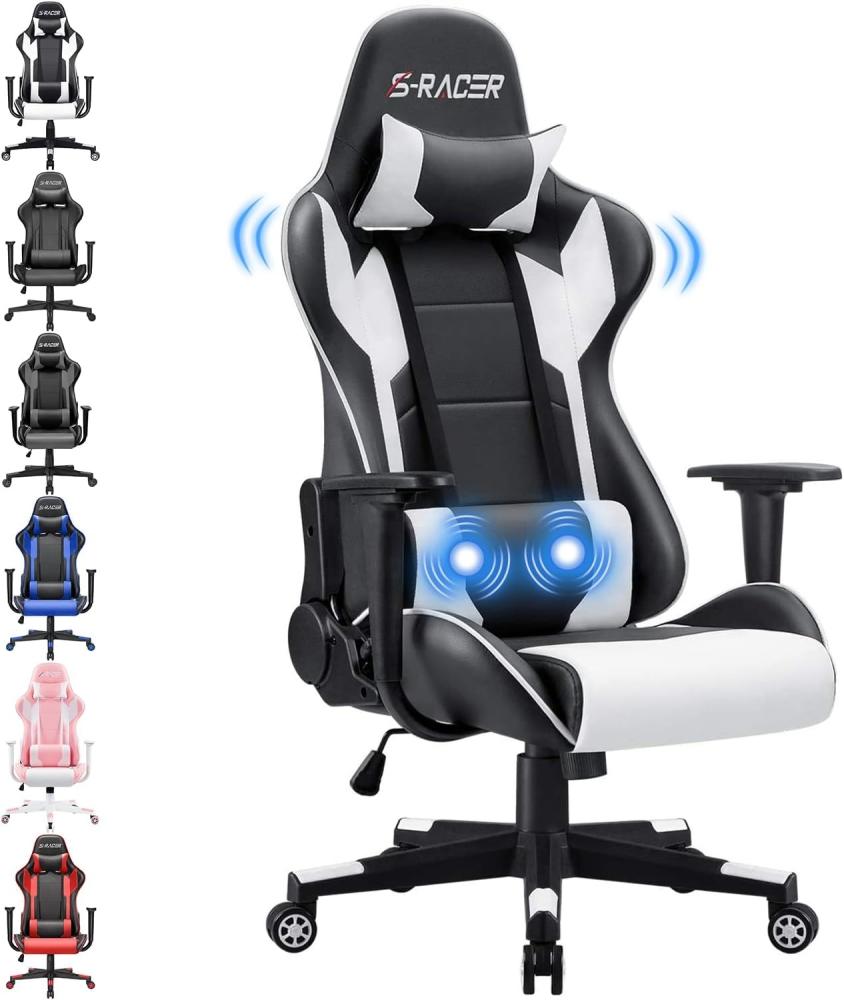 Homall Gaming Stuhl Zocker Computerstuhl, Gamer Ergonomischer Bürostuhl, Hohe Rückenlehne Drehstuhl, PC Stuhl Einstellbarer Neigungswinkel mit Kopfstütze und Lendenkissen (Weiß) Bild 1