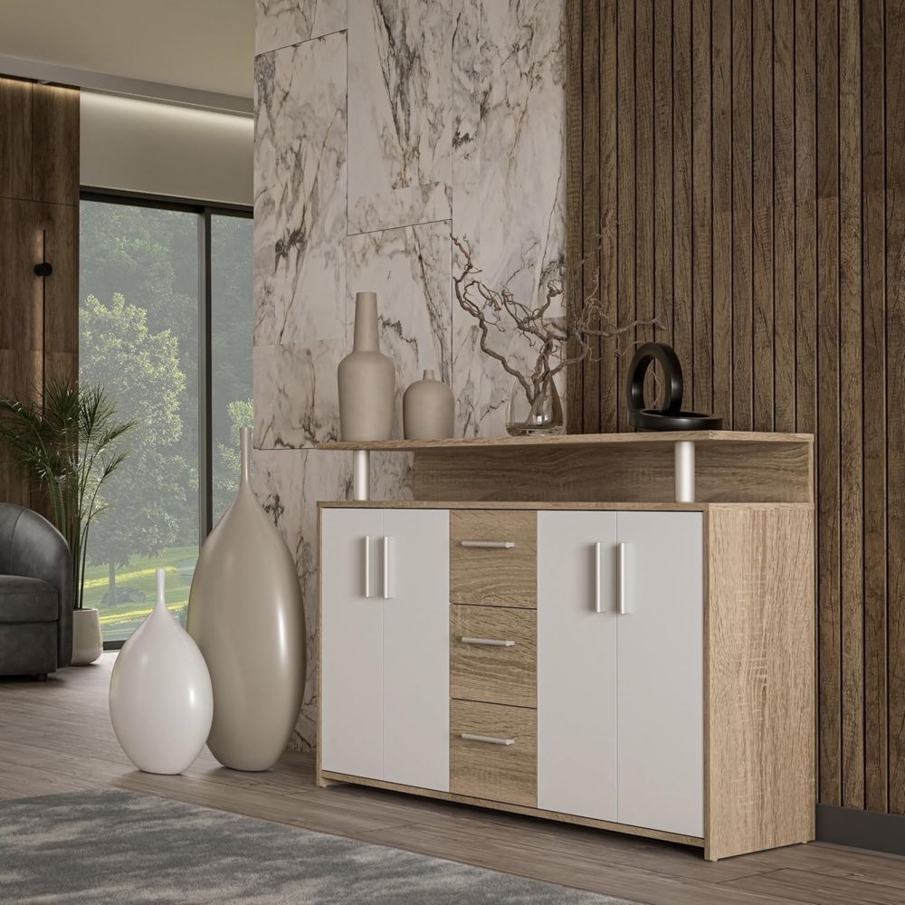 Forte SINCRONO Sideboard 130, modernes Sideboard mit Ablage-Aufsatz, 4-türig, 3 Schubladen, Wohnzimmer, Flur, Holzwerkstoff, Weiß mit Sonoma Eiche Holzdekor, 132 cm breit x 88,5 cm hoch x 34,8 cm tief Bild 1