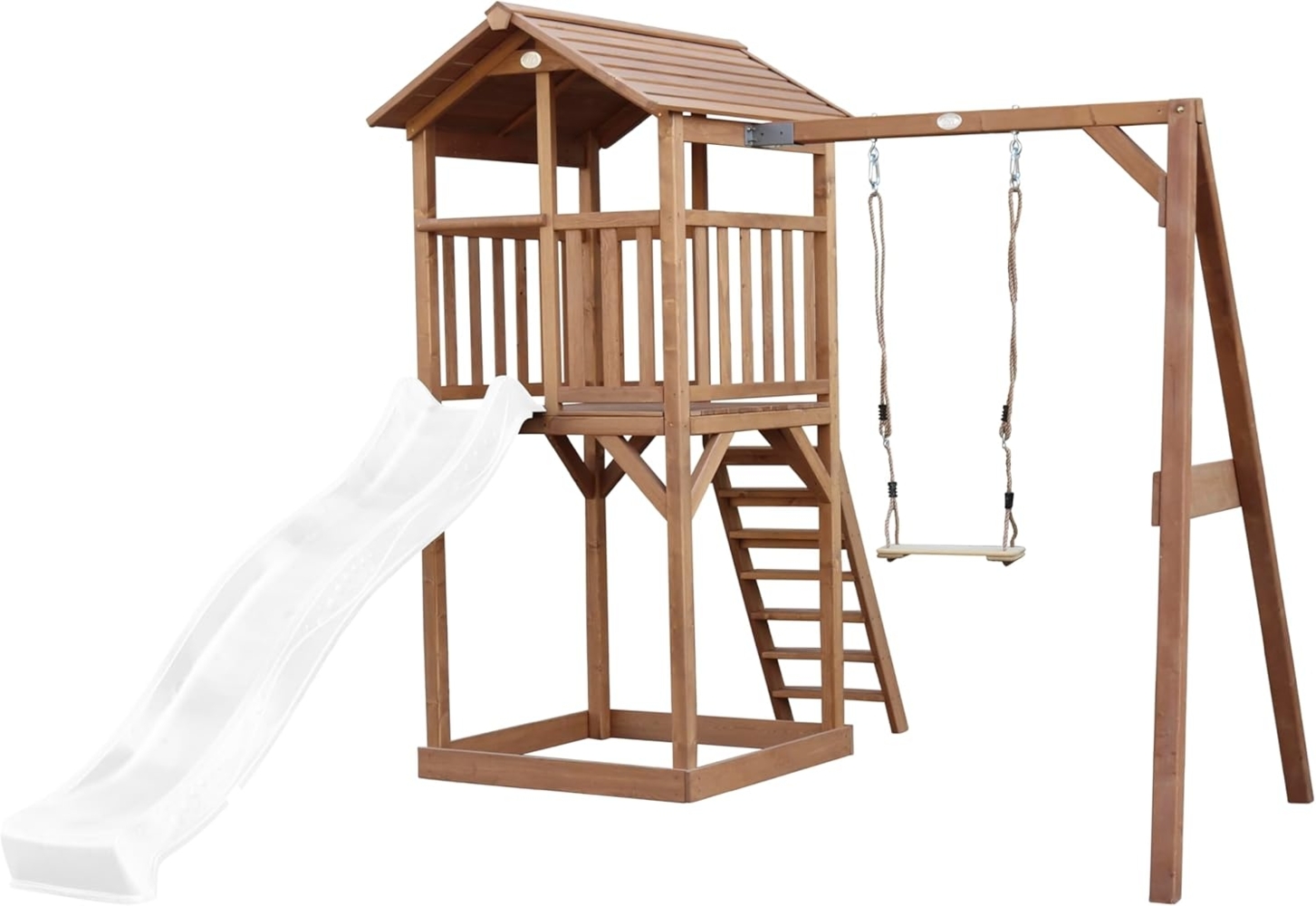 AXI Beach Tower Spielturm aus Holz in Braun Spielhaus für Kinder mit weißer Rutsche, Schaukel und Sandkasten | Braun, weiß | Holz | 349 cm Bild 1
