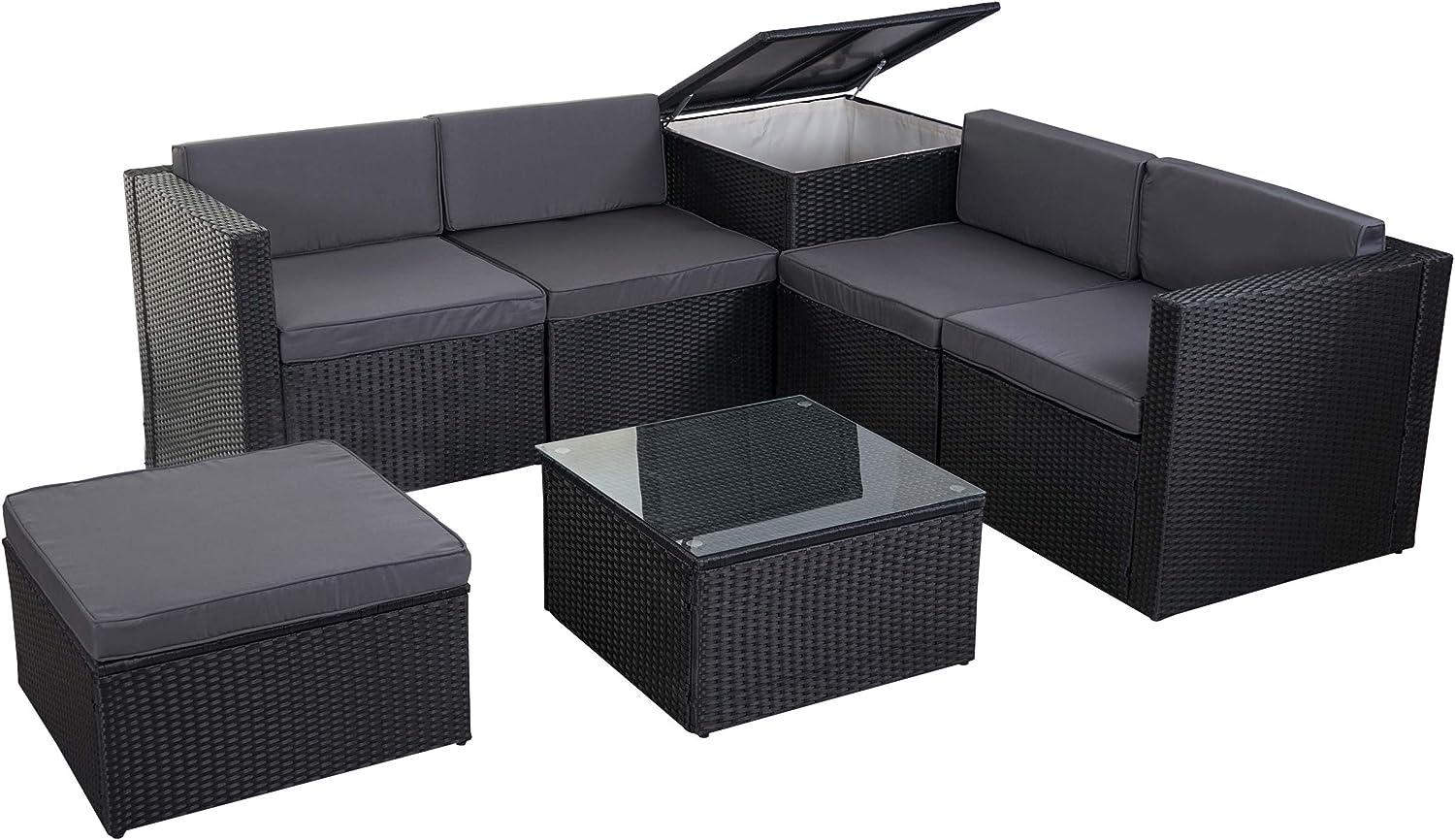 Poly-Rattan-Garnitur HWC-D21, Balkon-/Garten-/Lounge-Set Sofa Sitzgruppe, Box Staufach ~ anthrazit, Kissen dunkelgrau Bild 1