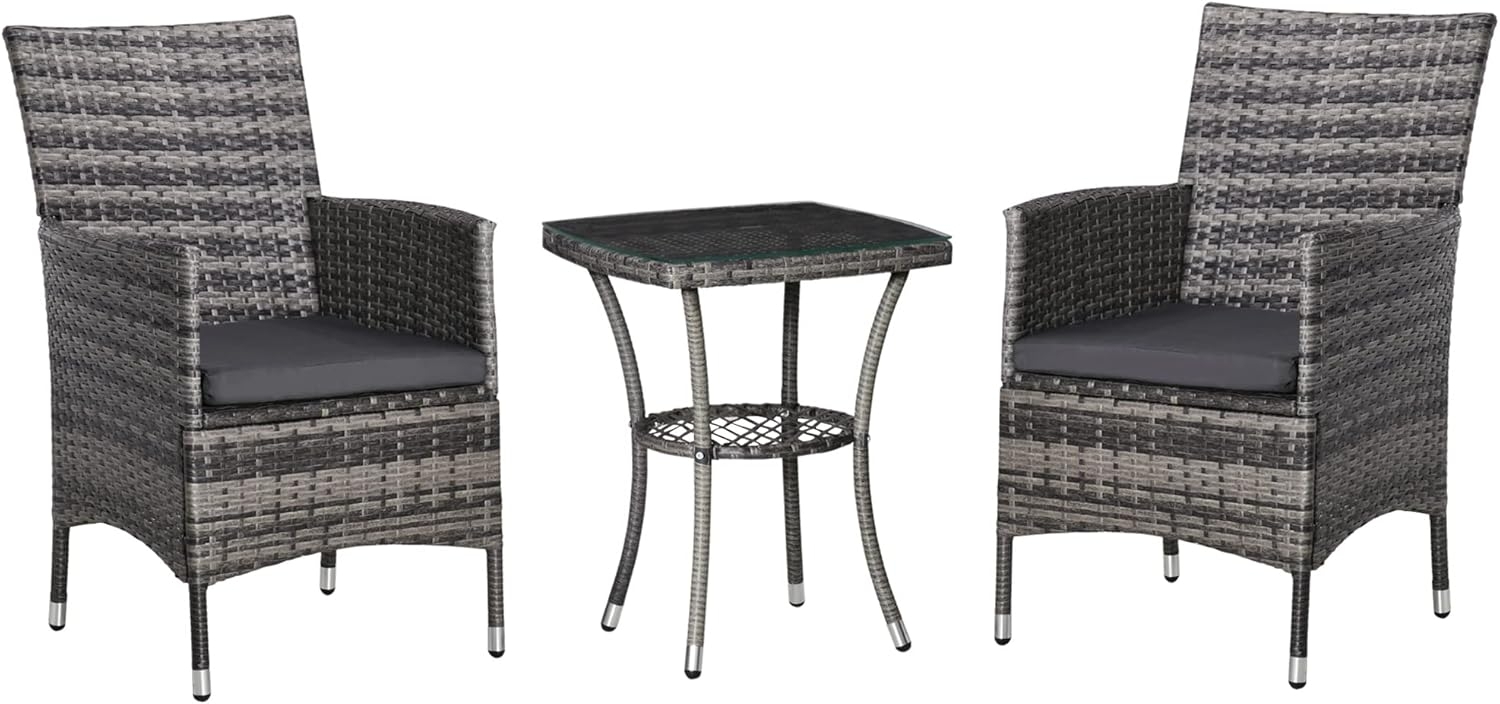 Outsunny Sitzgruppe Rattan Gartenmöbel Set mit Beistelltisch Bistroset, (Sitzgarnitur, 3-tlg, Gartenmöbel Set), Dunkelgrau 60 x 58,5 x 89,5 cm Bild 1