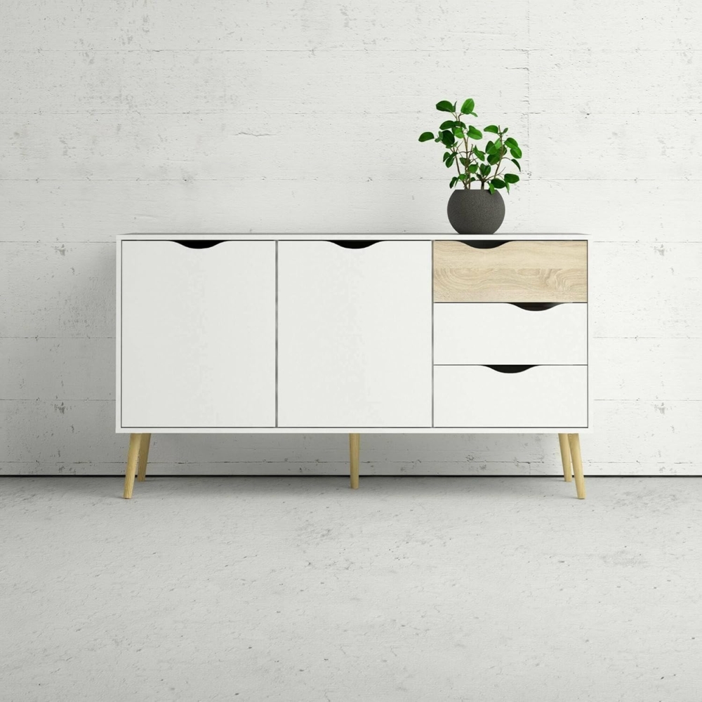 Dmora Sideboard mit zwei Türen und drei Schubladen, Weiß und Eiche, Maße 147 x 81 x 39 cm Bild 1