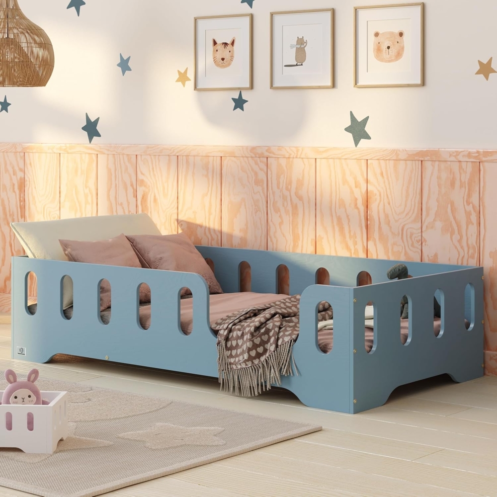 smartwood Kinderbett Bodenbett 140x200 mit Rausfallschutz & Lattenrost - Blau - Kinder Montessori Bett TILA 2P mit glatten Kanten - Betten für schnelle Montage - Bis 300 kg belastbar Bild 1