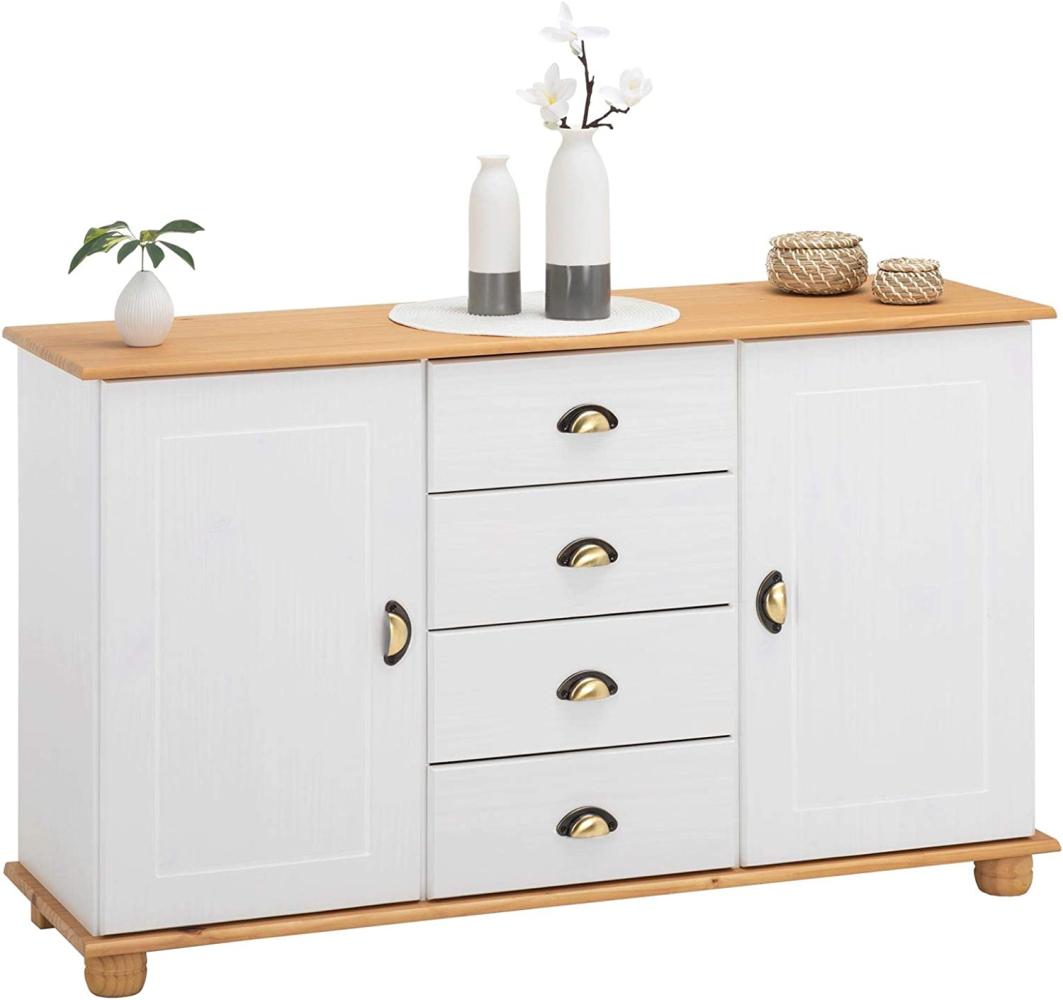 IDIMEX Apothekerkommode Anrichte Colmar, Flur Kommode Sideboard im Landhausstil mit 4 Schubkasten und 2 Türen, Kiefer massiv, weiß/braun lackiert Bild 1