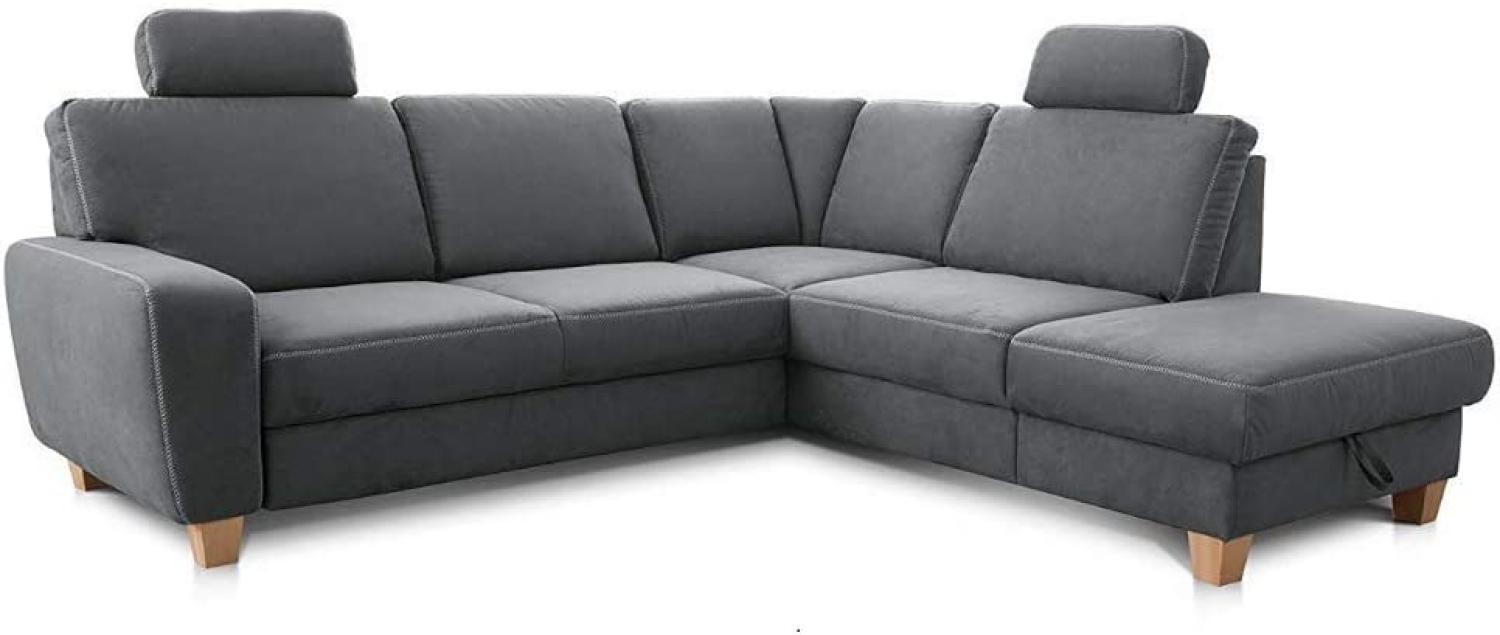 Cavadore Ecksofa Wisconsin mit Vorziehsitz / Eckcouch mit Federkern / Inkl. 2 Kopfstützen + Bettkasten / Landhausstil / Holzfüße in Buche / Mikrofaser / Größe: 248 x 88 x 218 cm (BxHxT) / Farbe: Grau Bild 1