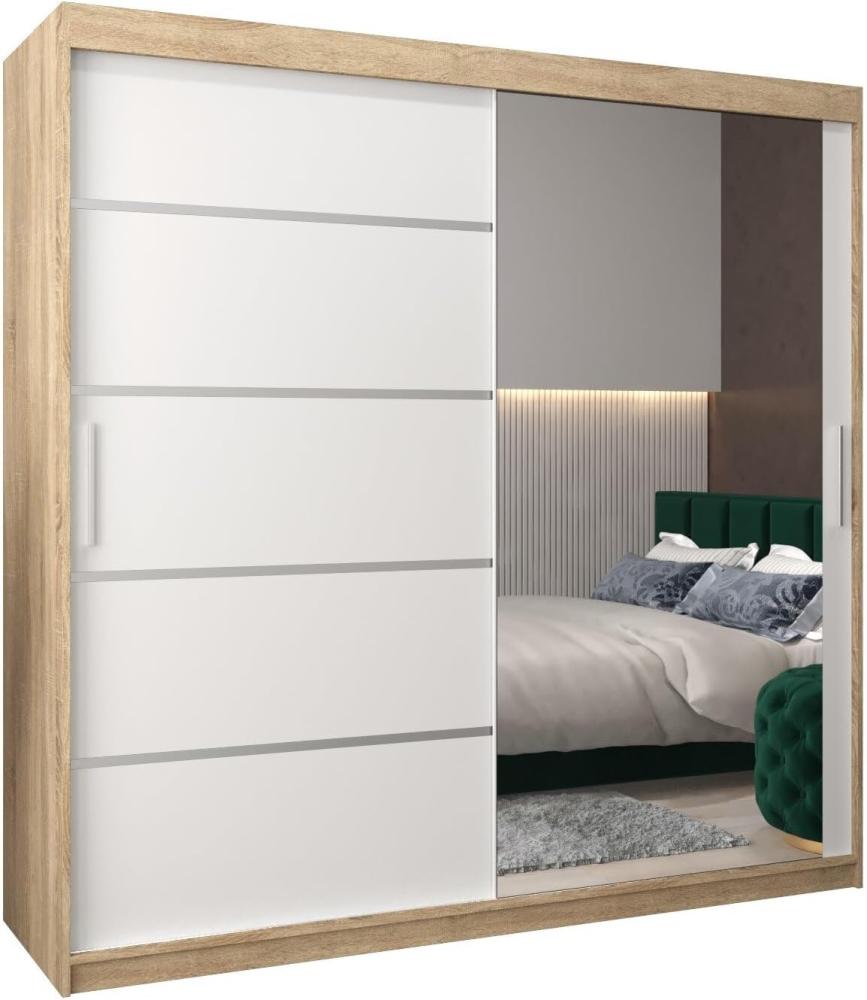 Schwebetürenschrank Verona 2-200 cm mit Spiegel Kleiderschrank mit Kleiderstange und Einlegeboden Schlafzimmer- Wohnzimmerschrank Schiebetüren Modern Design (Sonoma + Weiß) Bild 1