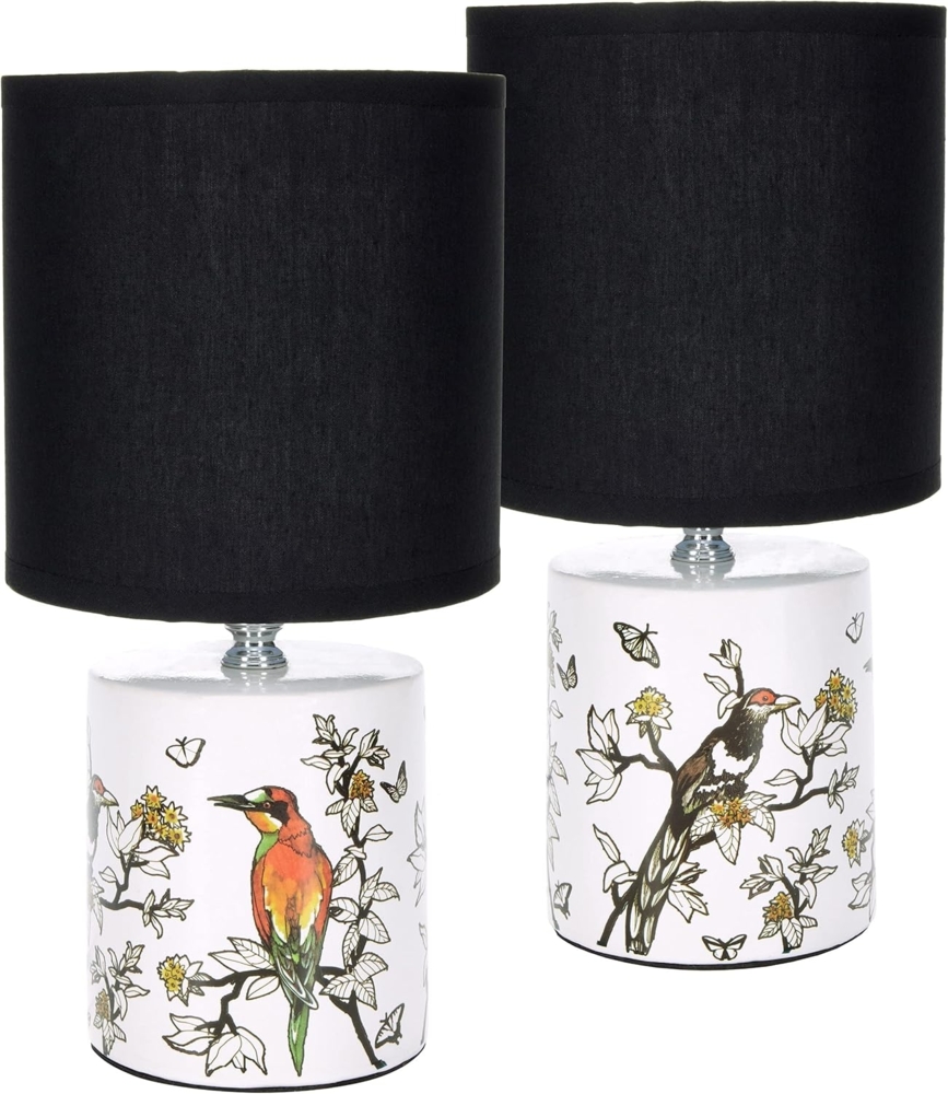 BRUBAKER Nachttischlampe Tischlampe Vogel Design Asiatisch - 1x oder 2er Set - Schirm Schwarz, ohne Leuchtmittel, Designer Lampen mit Keramikfuß, Höhe ca. 30 cm - Tischleuchte Bild 1