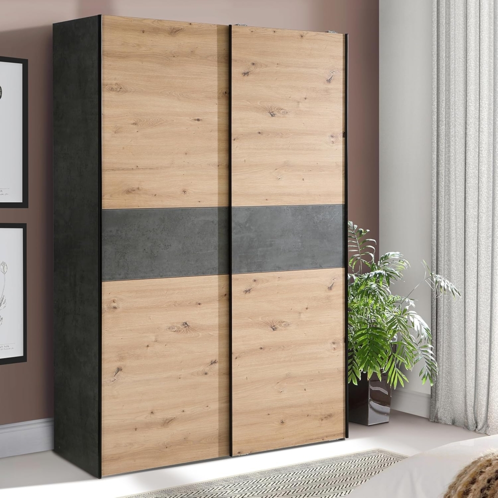 FORTE OZZULA klassischer Kleiderschrank 120, Schrank mit Zwei Schwebetüren, Holzwerkstoff, Artisan Eiche Dekor mit Betonoptik Akzenten, 120 cm breit, 190,5 cm hoch, 61,2 cm tief Bild 1