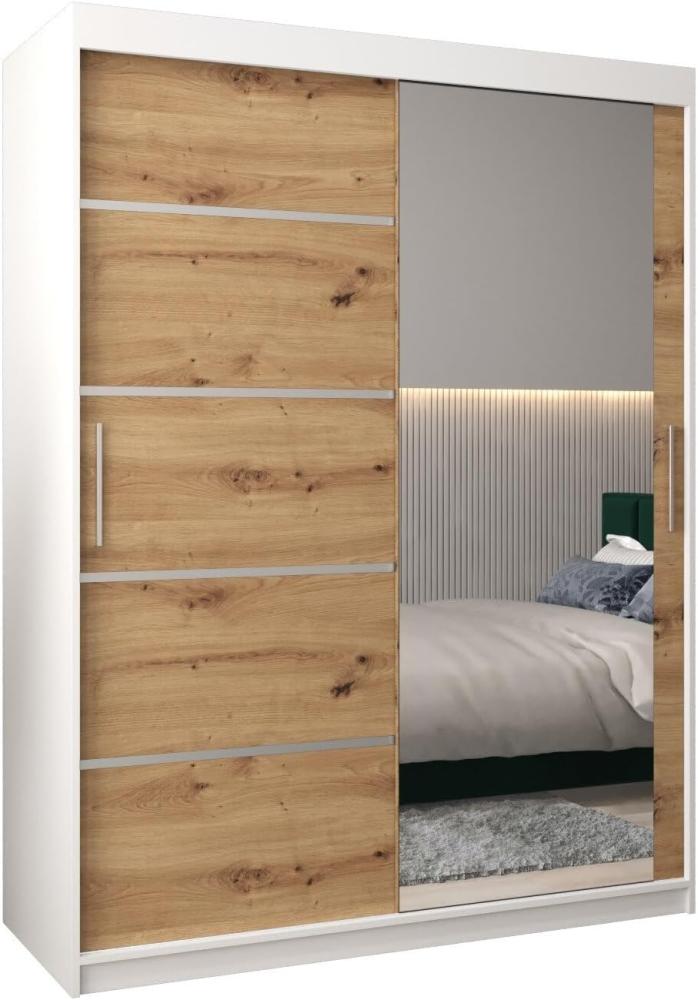 Schwebetürenschrank Verona 2-150 cm mit Spiegel Kleiderschrank mit Kleiderstange und Einlegeboden Schlafzimmer- Wohnzimmerschrank Schiebetüren Modern Design (Weiß + Artisan Eiche) Bild 1