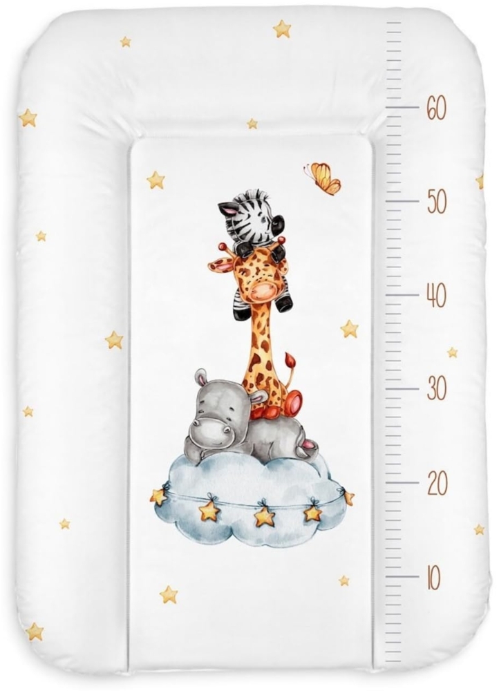 Wickelauflage 50x70 cm, Weiß mit Safari-Tieren – abwaschbar & wasserdicht, weich für Neugeborene – Wickeltischauflage für Wickelkommode – Baby Wickelunterlage, schnell abwischbar Bild 1