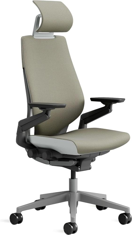 Steelcase Gesture Ergonomischer, höhenverstellbarer Bürodrehstuhl, verstellbare Lordosenstütze, verstellbare Armlehnen, komfortable Polsterung, Stoffbezug (Farbe Trüffel), Kopfstütze Bild 1