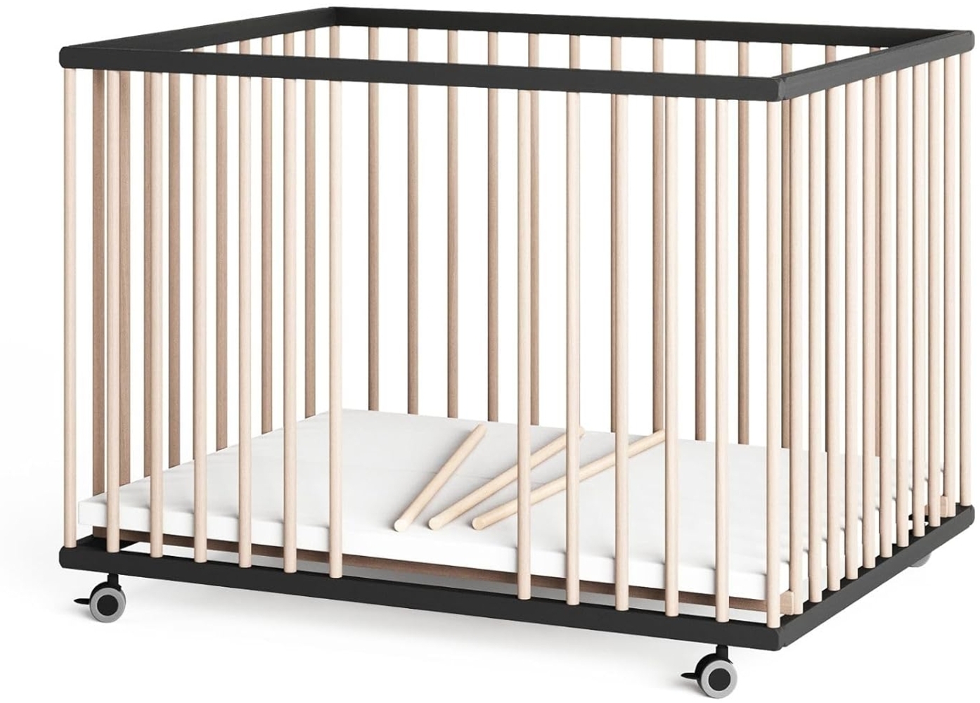 Sämann Laufstall Baby mit Matratze Cloud Air und Schlupfsprossen | TÜV geprüft | stufenlos höhenverstellbar | Laufgitter Premium | Babybett aus Holz | Krabbelgitter (schwarz/natur, 75x100 cm) Bild 1