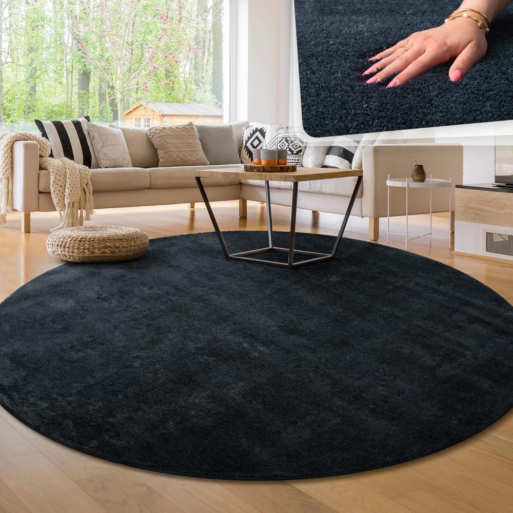 Paco Home Waschbarer Teppich Wohnzimmer Schlafzimmer Kurzflor rutschfest Flauschig Weich Moderne Einfarbige Muster, Grösse:120 cm Rund, Farbe:Navy-Blau Bild 1