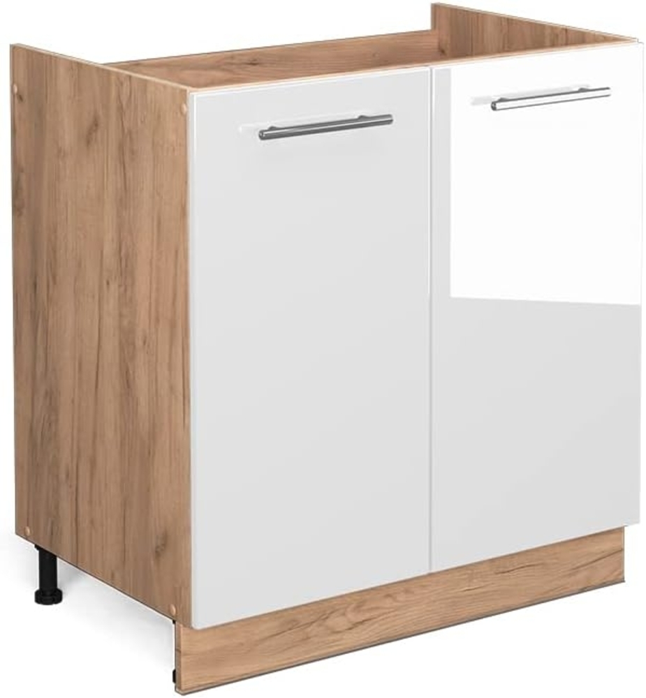 Vicco Küchenschrank Küchenmöbel Fame-Line modern Küche Einbauküche Küchenzeile Blende Unterschrank Hochschrank Hängeschrank Hochglanz (Eiche-Weiß, Spülenunterschrank 80 cm) Bild 1