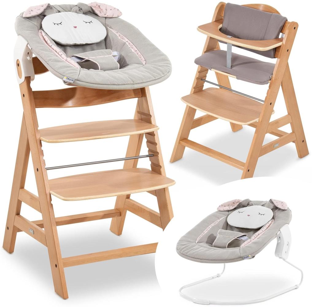 Hauck Hochstuhl Alpha Plus Newborn Set mit Bouncer Powder Bunny - Holz Hochstuhl ab Geburt mit Sitzauflage und Neugeborenenaufsatz (Natur) Bild 1