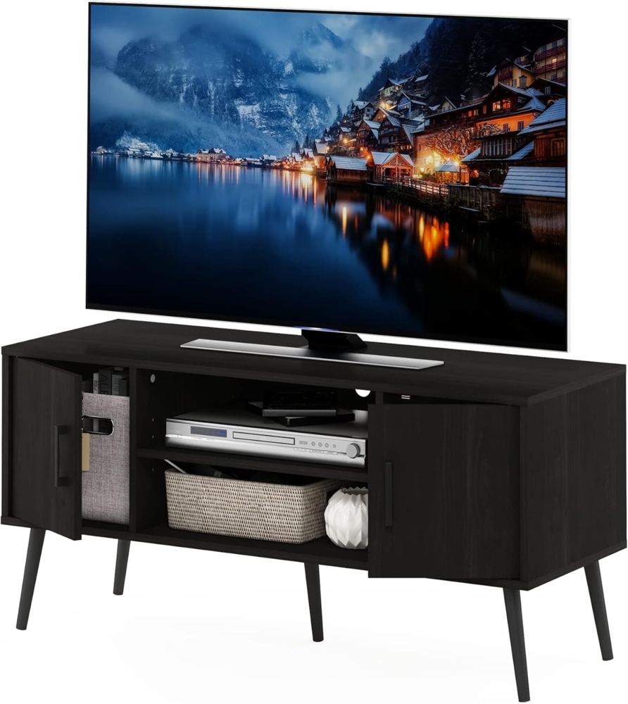 Furinno Claude TV-Ständer mit Holzbeinen im Mid-Century Stil, Espresso, Two Cabinets Bild 1