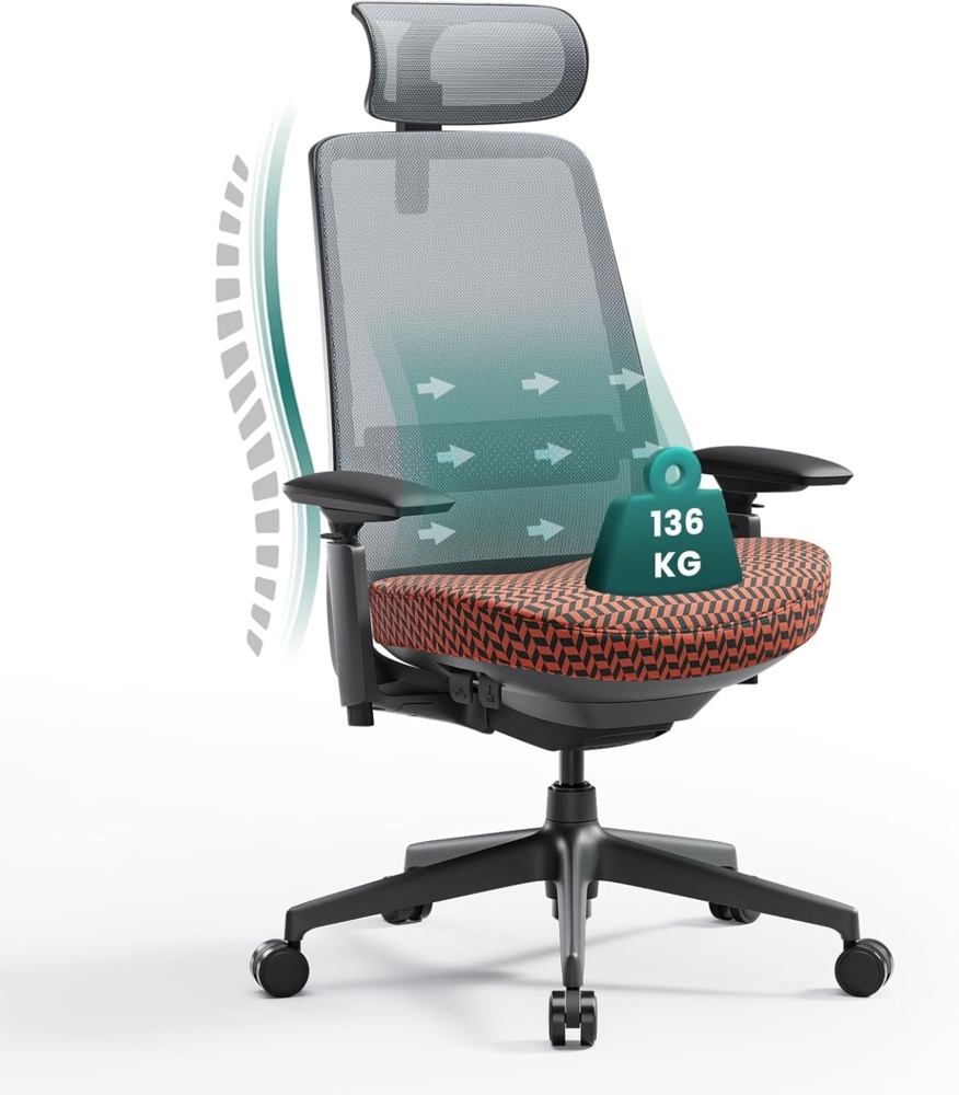 COLAMY Ergonomischer Bürostuhl, Mesh Stuhl mit hoher Rückenlehne, Computer Chefsessel mit Lendenwirbelstütze, verstellbare Kopfstütze und 4D Armlehnen, Schiebesitz, Koralle & Grau Bild 1