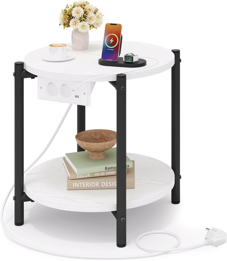 IRONCK Beistelltisch rund, Couchtisch mit Steckdose, Kleiner Tisch Holz, Wohnzimmertisch 2 Ablagen,Sofatisch,USB & Type-C-Anschluss, Metallrahmen, Nachttisch für Schlafzimmer (Weiß, 1 Stück) Bild 1